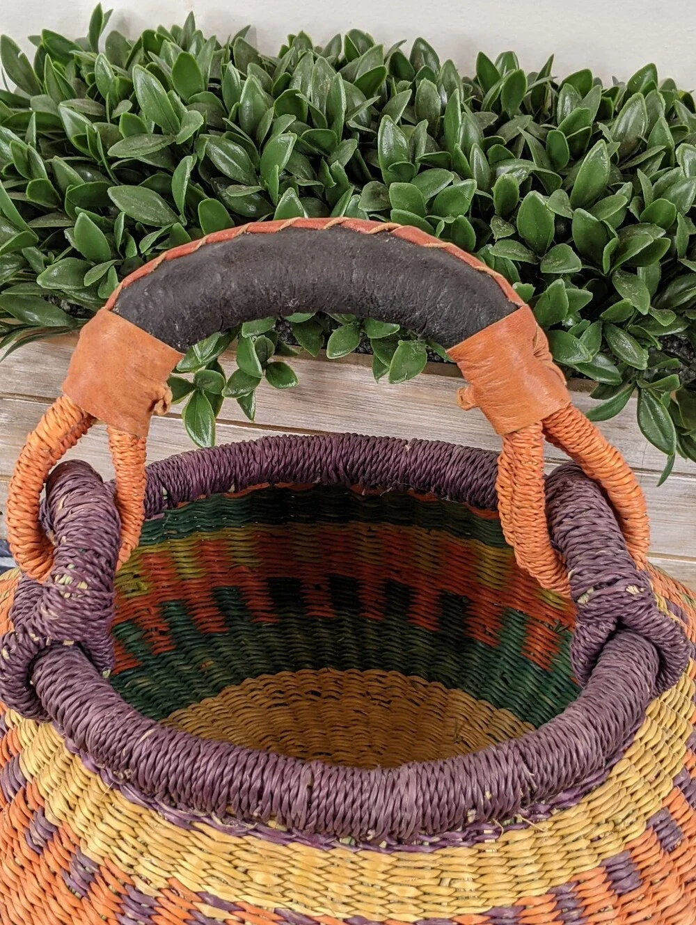 Handwoven African Bolga Basket w/ Wrapped Leather Handle
